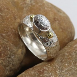 SILVERTROVE Gemstone Band Ring, Sterling Silver Ring for Men and Women, Band Ring in All Sizes, Jewellery CRG1070AA, Gemstone Precious metal gemstone, Black Rutile Quartz