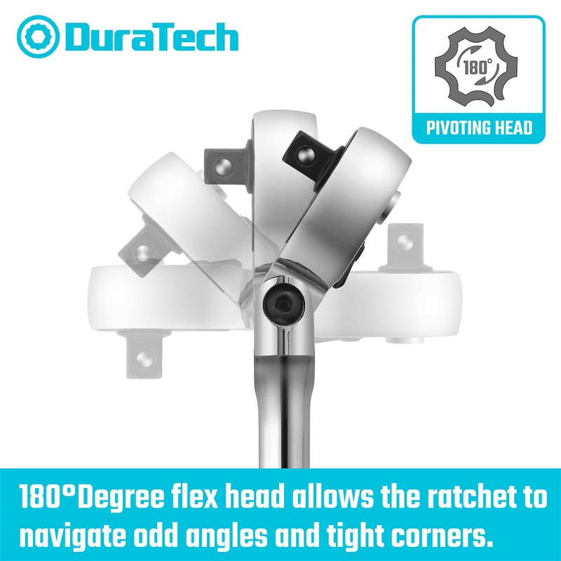 DURATECH 1/4" Drive Flex-Head Ratchet, 72-Tooth Ratchet Wrench, Quick-release, Reversible