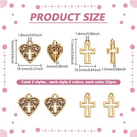 PH PandaHall 2 Styles Heart Cross Charms 100pcs Tibetan Style Crucifix Charms 2 Colors Hollow Heart Charm Gold Silver Love Pendant for DIY Craft Jewellery Making Easter Valentine