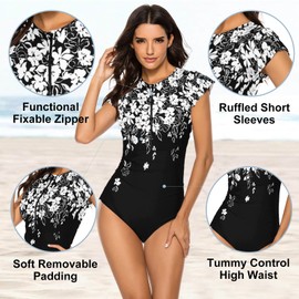 Wolddress Women Modest One Piece Bathing Suit Short Sleeve Tummy Control Swimsuit Zipper Surfing Athletic Rash Guard White Flowers L