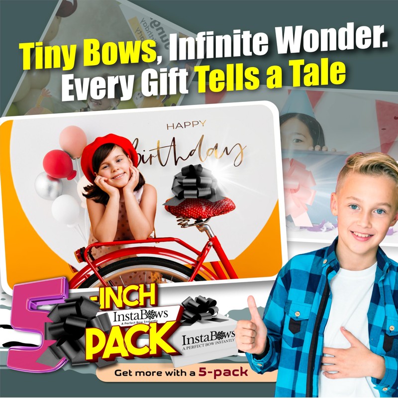 InstaBows 5-Inch Black Pull String Gift Bows – Satin Finish,