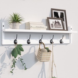 BAMEOS Wall-Mounted Wood Shelf with 5 Dual Hooks for Bathroom, Living Room, Bedroom (White-with Shelf)