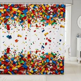 Erosebridal 3D Building Blocks Bath Curtain Construction Shower Curtain Set 72" Wx72 L,Colorful Bathroom Accessories Kids Boys Bricks Rainbow Gradient Room Decor for Teen Girls,White