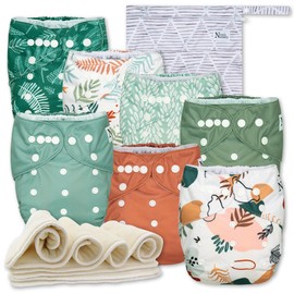Nora's Nursery Cloth Diapers 7 Pack with 7 Inserts & 1 Wet Bag - Waterproof Cover, Washable, Reusable & One Size Adjustable Pocket Diapers for Newborns and Toddlers - Oasis