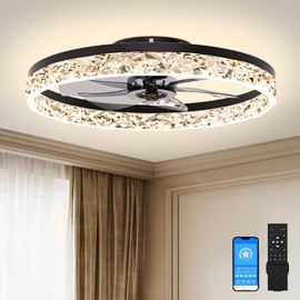 VOLISUN Low Profile Ceiling Fans with Lights and Remote, 23.6in Flush Mount Ceiling Fans with Light, 3000K-6500K Dimmable Fandelier Ceiling Fan, Bladeless Ceilings Fans with Lights for Bedroom(Black)