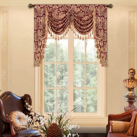Loom and Mill Luxury Jacquard Waterfall Valance for Living Room, Classic Floral Damask Swag Valances with Tassels, Burgundy Red Swag Curtains for Bedroom Window Christmas Decoration(W59Inch,1 Panel)