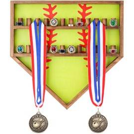 Menkxi Baseball Ring Display Case Wood Baseball Ring Holder Softball Championship Ring Holder Wall Mount Baseball Ring Stand Organizer for Medal Trophy Souvenir Collectables Gifts(Yellow)