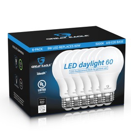 Great Eagle Lighting Corporation A19 LED Light Bulb, 60W Equivalent Light Bulbs, 9W 5000K Daylight, Non-Dimmable LED Bulb, E26 Standard Base, Energy Efficient UL Listed CEC, (6 Pack)