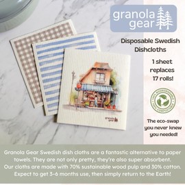 Granola Gear Swedish Dishcloths for Kitchen 6-Pack, Made in Sweden, Reusable Paper Towels, Washable Sponge Dish Wash Cloths, Cellulose Cotton, Watercolor Art-Coffee Shop
