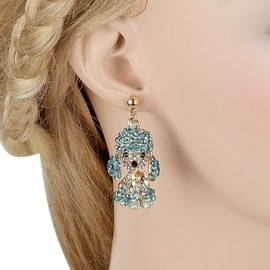 EVER FAITH Women's Austrian Crystal Adorable Animal Poodle Bow-tie Dangle Earrings Blue Gold-Tone