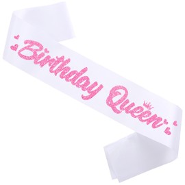 FSJJLLU 'Birthday Queen' Birthday Sash - White with Glitter Pink Letters - 1 Count - Satin - 3.74" W x 31.5" L - Female - All Ages - Party Favor