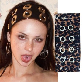 Juglok Wide Grommet Headband for Women Stretch Punk Hair Band with Metal Eyelets Y2K Gothic Head Wrap for Streetwear Adjustable Rock Style Hair Accessories (Leopard Print, Average)