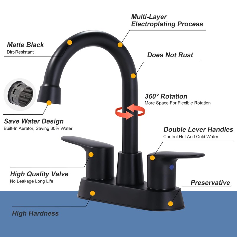 Matte Black Bathroom Faucet 3 Hole, 4 Inch 2 Handle