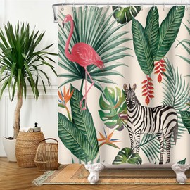 SDOTPMT 90x183cm Flamingo Shower Curtain Tropical Palm Tree Green Leaves Banana Leaf Horse Bath Curtain Summer Theme Bathtub Curtain Fabric Polyester Waterproof for Kids Bathroom Decor with Hooks