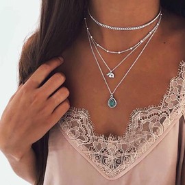 Inilbran Boho Layered Turquoise Choker Necklace Vintage Elephant Turquoise Necklace Silver Turquoise Elephant Pendant Necklace Multilayer Blue Gemstone Necklace Jewellery for Women and Girls, Zinc