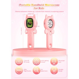 PHNIXGAM Kids Microscope Camera, 500X Handheld 2" IPS Screen, A Pink Cat
