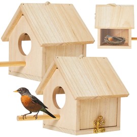 Sintuff 2 Pcs Wooden Bird Houses for Outside Transparent Hanging Outdoor Bird House Decorative with Lanyard Pole Lock for Bluebird Finch Parrot Cardinals Hummingbird Outdoor Garden Viewing