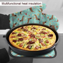 Oven Mitt and Pot Holders, 2 Piece Set, Dachshunds On Turquoise Floral Background Cotton Lining Waterproof BBQ Gloves