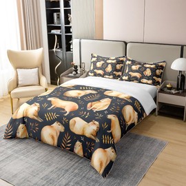 Capybara 100% Cotton Duvet Cover 135 x 200, 3D Funny Capybara Comforter Cover, Kawaii Mouse Rodents Animals Quilt Cover for Teens, Botanical Weeds Plants Bed Linen with 1 Pillowcase, Brown Blue