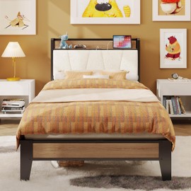 LIKIMIO Twin XL Bed Frames, Storage Headboard with Charging Station, Solid and Stable, Noise Free, No Box Spring Needed, Easy Assembly, Wood and Cream