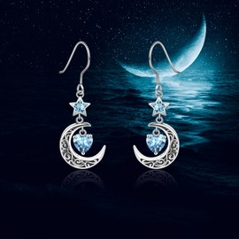 Shysnow Moon Birthstone Earrings for Women 925 Sterling Silver Half Moon Star Dangle Drop Earrings with Heart Crystal Birthday Jewelry for Women, Sterling Silver, Cubic Zirconia