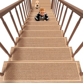 PADOOR Non Slip Stair-Treads, Rubber Backing Stair-Runners for Wooden Steps, 7PCS Residue Free Carpet Stair Treads for Kids and Dogs 8"x30" Beige