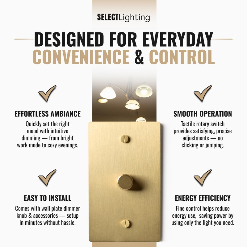 SELECT 1‑Gang Solid Brass Rotary Dimmer Switch, Satin Brass Finish,