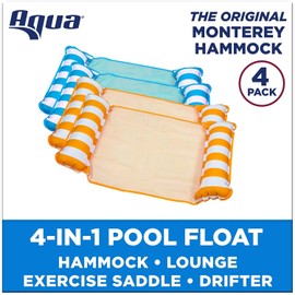 Aqua 4-in-1 Monterey Hammock Pool Float & Water Hammock, Multi-Purpose, Inflatable Pool Floats for Adults, Patented Thick, Non-Stick PVC Material, Two Light Blue and Two Orange/White Stripe, 4-Pack