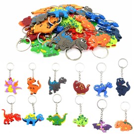 JZK 36 Pcs Dinosaurs keyrings set for kids, rubber dinosaur animal keychains for children birthday party favours, kids party bag fillers, kids party thankyou gift giveaway gifts
