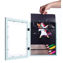 FrameWorks 8-Pack, 10” x 12.5” Light Blue Wooden Kids Art Frame - Frames for Kids Artwork with Gallery Style Edges, Tempered Glass Art Frame for Home Decor, Art Display for Kids with Elastic Straps