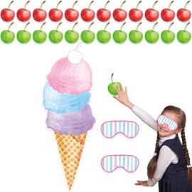 QOUBAI Pin The Cherry on The Ice Cream Party Game Activities 25.2 x 9.2 Inch Ice Cream Shape Poster with 24pcs Cherries Birthday Party Supplies for Boys Girls Wall Home Room Decorations Favors