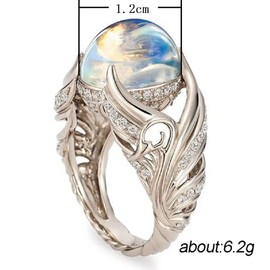 ZDIFDIC Natural Moonstone Ring for Women 925 Sterling Silver Ring Angel Wings Wedding Band Charming Diamond Engagement Promise Rings Size 6-10 (10#)