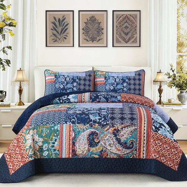 DJY Patchwork Quilt Set Queen Size Navy Blue Bedspread Boho