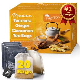 TOG999, Premium 20 Tea Bags Turmeric, Ginger, Cinnamon, 100% Natural, Hand-made Blend of Turmeric, Ginger, and Cinnamon Herbal Tea. Eco-conscious Tea Bags. No Sugar, No Caffeine, No Gluten, Vegan.