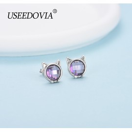 USEEDOVIA Sterling Silver Stud Earrings for Women Girls, Hypoallergenic Silver Cute Cat Face Stud Earrings with Purple Cubic Zriconia Jewelry Gifts for Birthday Wedding