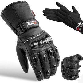 Evo New Leather Motorbike Motorcycle Bike Heavy Duty Waterproof Winter Thermal Carbon Shell Gloves "Winter Thermal Inner Gloves Included FREE" (X-Large)