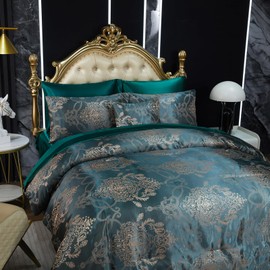 Herside Luxury Jacquard Duvet Cover Set Double Blackish Green Polyester Bedding Set Embroidery Neoclassical Floral Pattern 3Pcs Vintage Aesthetic Quilt Cover Girls Boys Royal Home Decor