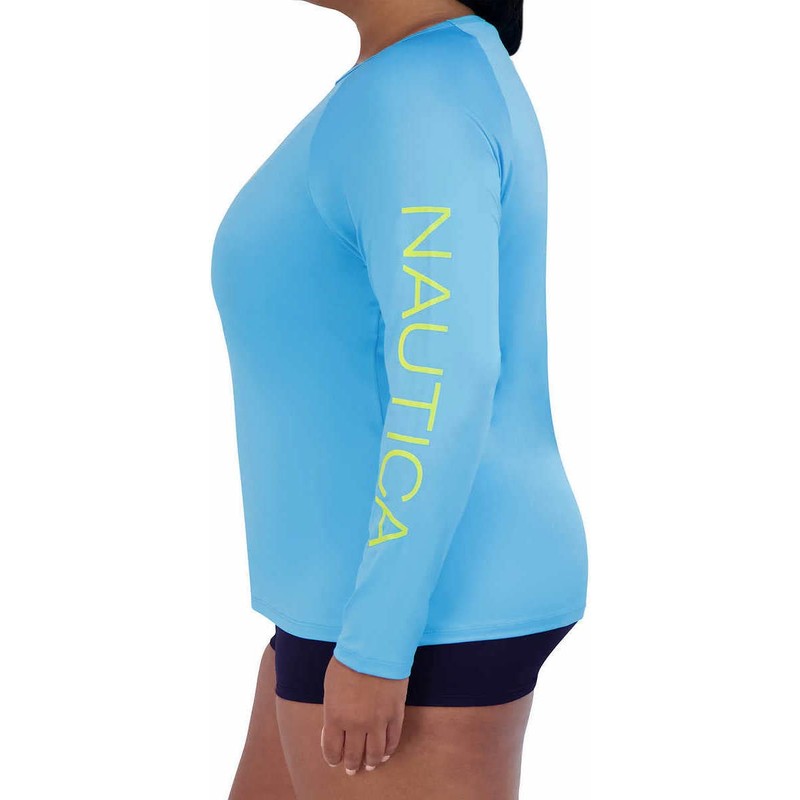 Nautica Women's Long Sleeve Rashguard Swim Top UPF 30+, lightblue,