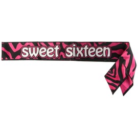Beistle Sweet Sixteen Zebra Satin Party Sash, 33" x 4", Cerise/Black/White