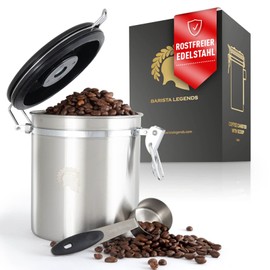 Barista Legends® Coffee Canister Airtight 500 g Silver – Coffee Beans Container for the Aroma Protection of Your Coffee – Storage Container Made of Stainless Steel with Perpetual Calendar