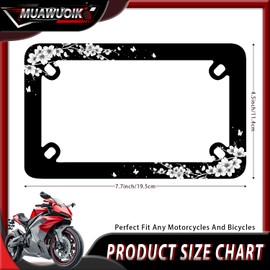Black White Cherry Blossom Motorcycle License Plate Frame Stainless Steel Butterfly Tag Holder 4 Holes Floral Motorcycle Accessory with Screws Nut Caps 7.7" x4.5 for Bike Motorcycle