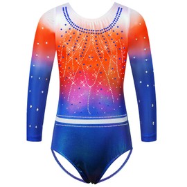 TFJH E - Maillot de gimnasia brillante de una pieza para niñas de manga 3/4, D Naranja Rojo Azul, 7-8 años
