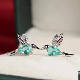 Hummingbird Earrings, Bird Dangle Stud with Aqua Crystal and Rhinestone Wings Elegant Animal Cute Jewelry Gifts for Women Hummingbirds Lovers