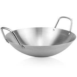 LNQ LUNIQI Stainless Steel Wok Round Bottom Chinese Wok with Double Handle Practical Wok Kitchen Utensil Woks for Home Restaurant Kitchen (28cm/11 Inch)