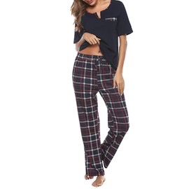 Bresdk Pyjamas for Women Soft Ladies Pyjamas Pjs Sets Cosy Women's Pyjamas Bottom Checked Pajamas Loungewear with Pockets Navy Blue XL