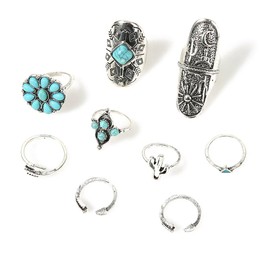 Caiyao Retro Turquoise Ring Set for Women Vintage Western Rings Jewelry Bohemian Summer Beach Rings for Teen Girls Silver Turquoise Knuckle Stacking Rings-9Pcs