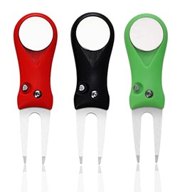 AMRTA Golf Divot Repair Tool with Ball Markers, Golf Pitchfork Switchblade Foldable Metal Magnetic Pop-up Button for Golfer Outdoor (Plastic 3 Pack-Black Green Red)