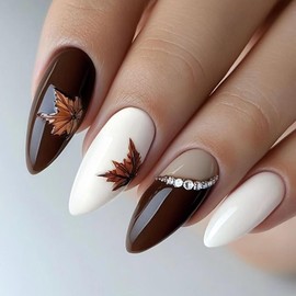 Fall Press on Nails Medium Almond Brown Fake Nails with 3D Maple Leaves Designs White Nails Press ons Gel Acrylic Glue on Nails Medium Length Stick on Nails for Women Manicure 24Pcs