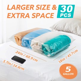 Boeyamto 30 Count 18" x 24" Extra Large Plastic Bags, 5 Gallon Storage Bags for Clothes, Trip, Moving, Camping. Giant Ziplock Bags for storage. Travel Essential, Perfect Storage Accessories
