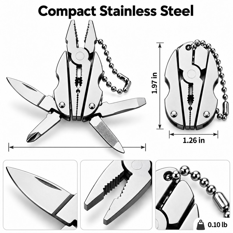 Stainless Steel Folding Multi-Tool Keychain with Pliers, Knife, Screwdrivers &
